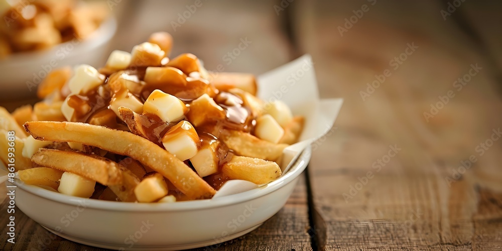 Fototapeta premium Delicious Photo of Canadian Poutine Fries, Cheese Curds, and Gravy. Concept Food Photography, Canadian Cuisine, Comfort Food, Poutine Fries, Food Styling