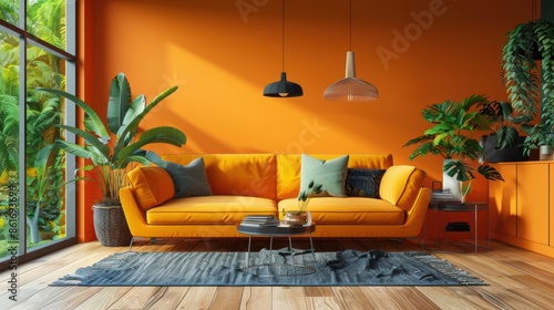 A modern living room with a minimalist design, featuring pops of orange throughout the decor for a lively and energetic feel. The image provides plenty of copy space, making it perfect for showcasing