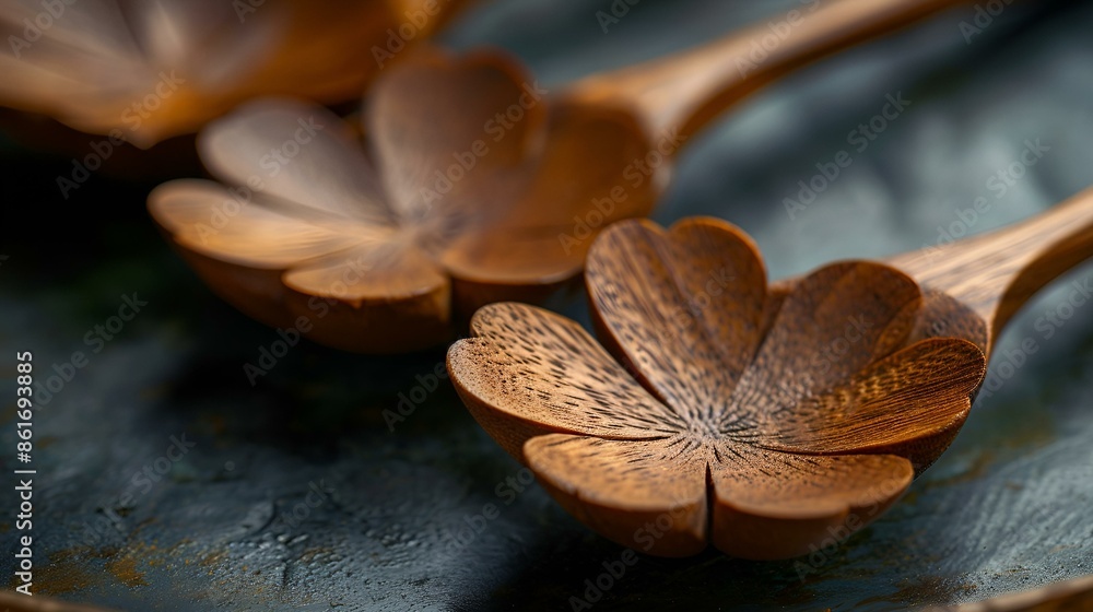 Three wooden spoons with flower designs. Three wooden spoons with flower designs.