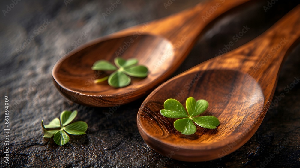 Two wooden spoons with four leaf clovers. Two wooden spoons with four leaf clovers.