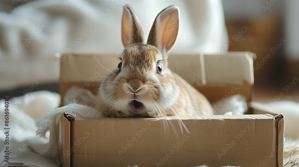 Fototapeta premium Curious Rabbit Discovers Cardboard Slide for Unexpected Playtime