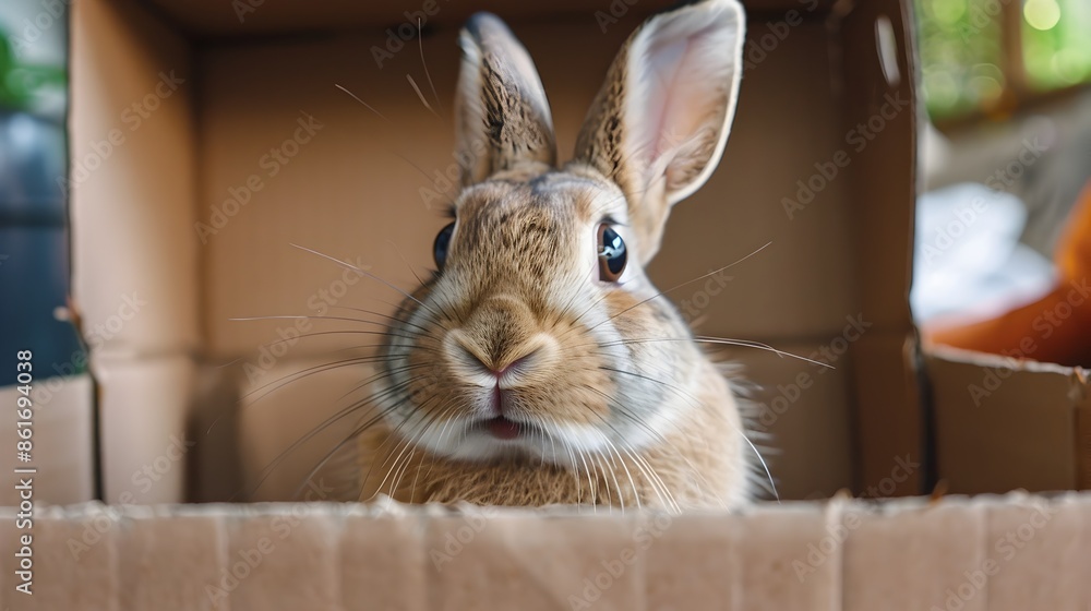 Obraz premium Delighted Rabbit Discovers Cardboard Box Slide for Playful Joy