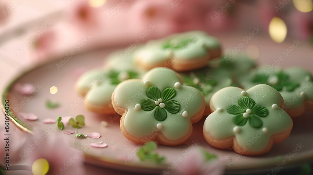 Plate of cookies with green flower decorations. Plate of cookies with green flower decorations.
