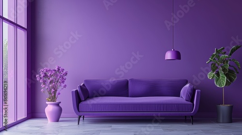 A contemporary living room featuring a sophisticated violet color palette, with minimalist furniture and clean lines that create a sleek and modern look. The image offers plenty of copy space for
