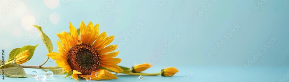 Vibrant sunflower with water beads, set against a bright blue sky for a striking contrast Sunflower, Refreshing Vibrance Vibrant sunflower with water beads, set against a bright blue sky for a striking contrast Sunflower, Refreshing Vibrance