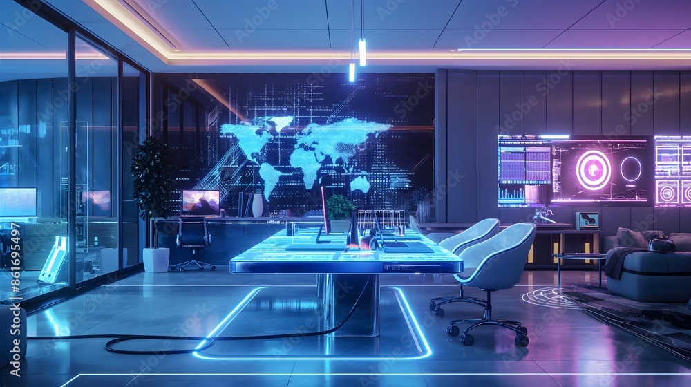 12. Design a futuristic workspace with AI-assisted collaborative tools and virtual assistants enhancing productivity and innovation. 12. Design a futuristic workspace with AI-assisted collaborative tools and virtual assistants enhancing productivity and innovation.