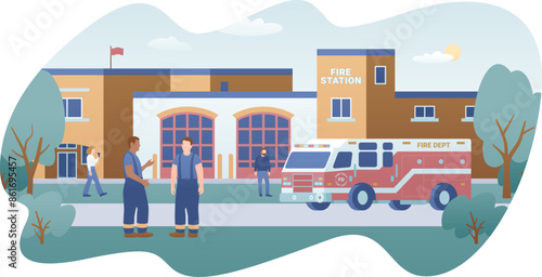 Firefighter and fire station concept. Fire dept building, truck and fireman color vector illustration isolated on white background. Department and rescue vehicle flat cartoon graphics.