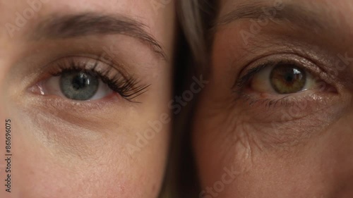 A close-up comparison of the eyes of a young woman and an older woman, highlighting the visible differences in skin texture and wrinkles
