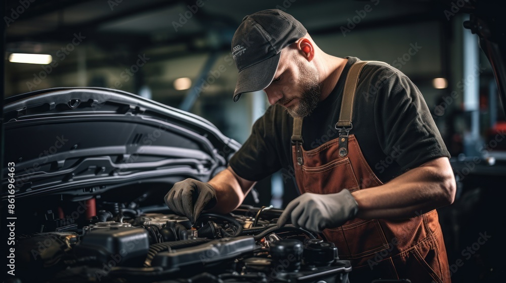mechanic is doing the annual car inspection. Car repair shop is ready to serve. Car mechanic inspects car engine problems technical inspection engine safety Maintenance Changing the engine oil mechanic is doing the annual car inspection. Car repair shop is ready to serve. Car mechanic inspects car engine problems technical inspection engine safety Maintenance Changing the engine oil