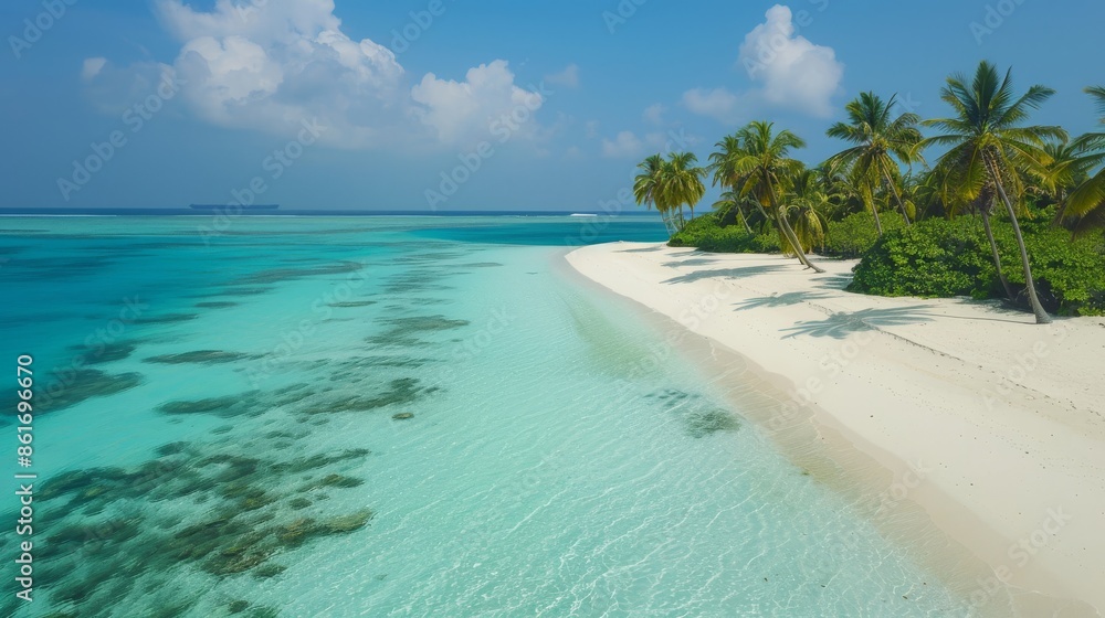 Fototapeta premium Pristine white sands and clear turquoise waters define this serene beach, framed by swaying palm trees and colorful coral reefs