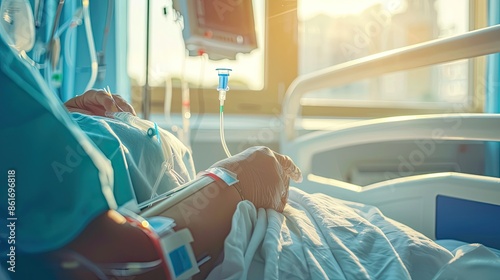 Close-up of a patient in a hospital bed receiving medical care with sunlight streaming through the window, symbolizing health and recovery.