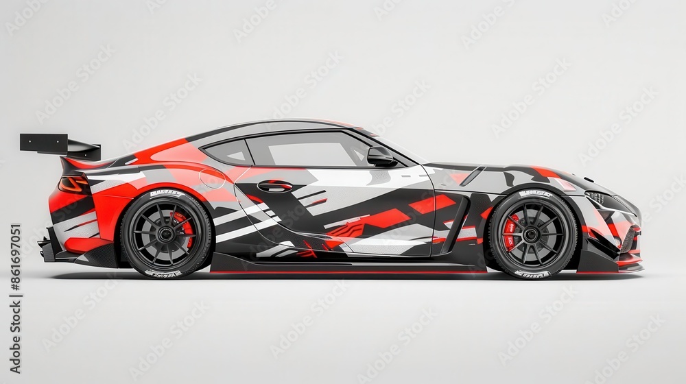 Fototapeta premium sports car wrapped in vinyl livery professional vehicle wrapping service 3d illustration