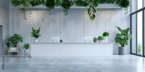 Contemporary booth design with succulent plants white counter and promotional materials. Concept Trade Show Booth Design, Succulent Plant Decor, White Counter Display © Anastasiia