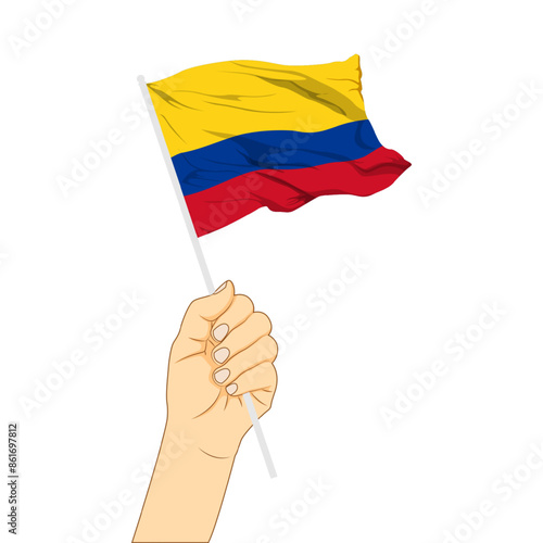 Vector illustration of Colombia flag in hand on transparent background