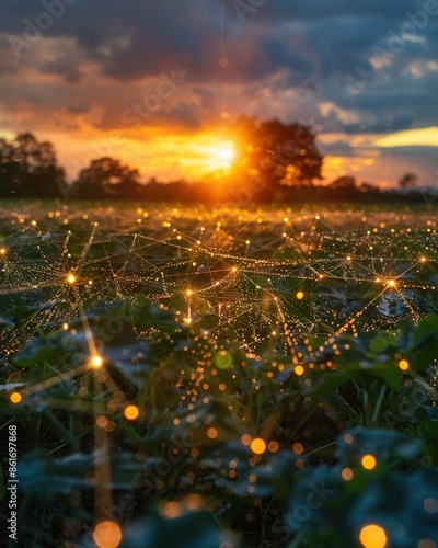 The picture shows the installation of a smart irrigation system in a large field.