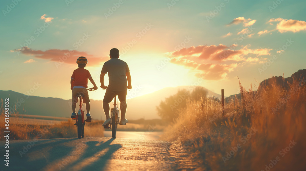 A creative composition of a father teaching his child to ride a bike, capturing a milestone moment, teaching to ride bike, hd, with copy space, inscription Father's Day A creative composition of a father teaching his child to ride a bike, capturing a milestone moment, teaching to ride bike, hd, with copy space, inscription Father's Day