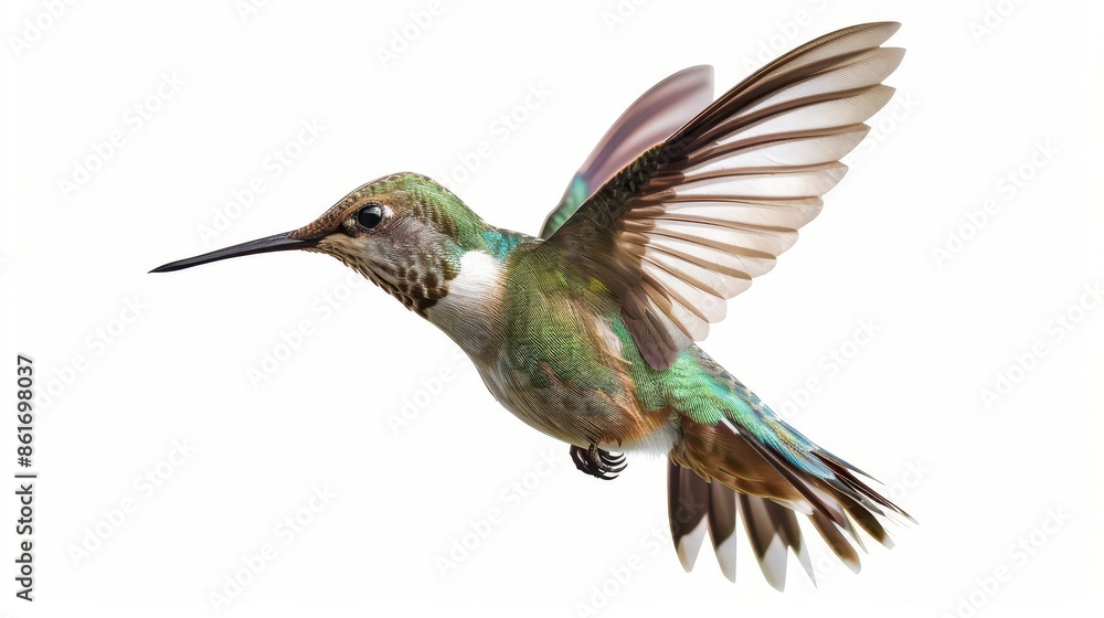 Fototapeta premium stunning aigenerated illustration of a hummingbird in flight against pure white background