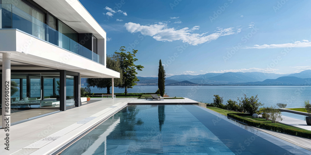 Fototapeta premium Swimming pool at a modern minimalist villa with an angular design in summer against the backdrop of the sea