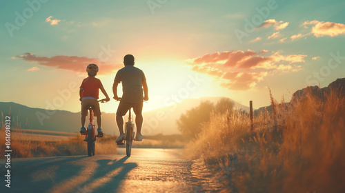 A creative composition of a father teaching his child to ride a bike, capturing a milestone moment, teaching to ride bike, hd, with copy space, inscription Father's Day