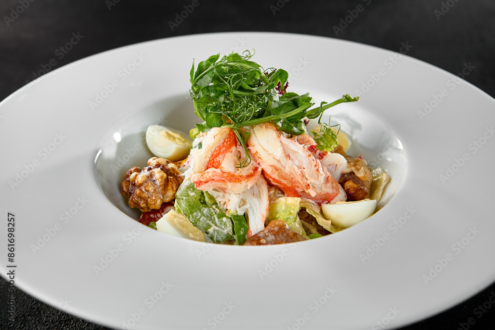 Fresh Crab Salad with Egg and Vegetables in Modern White Plate - Gourmet Cuisine Fresh Crab Salad with Egg and Vegetables in Modern White Plate - Gourmet Cuisine