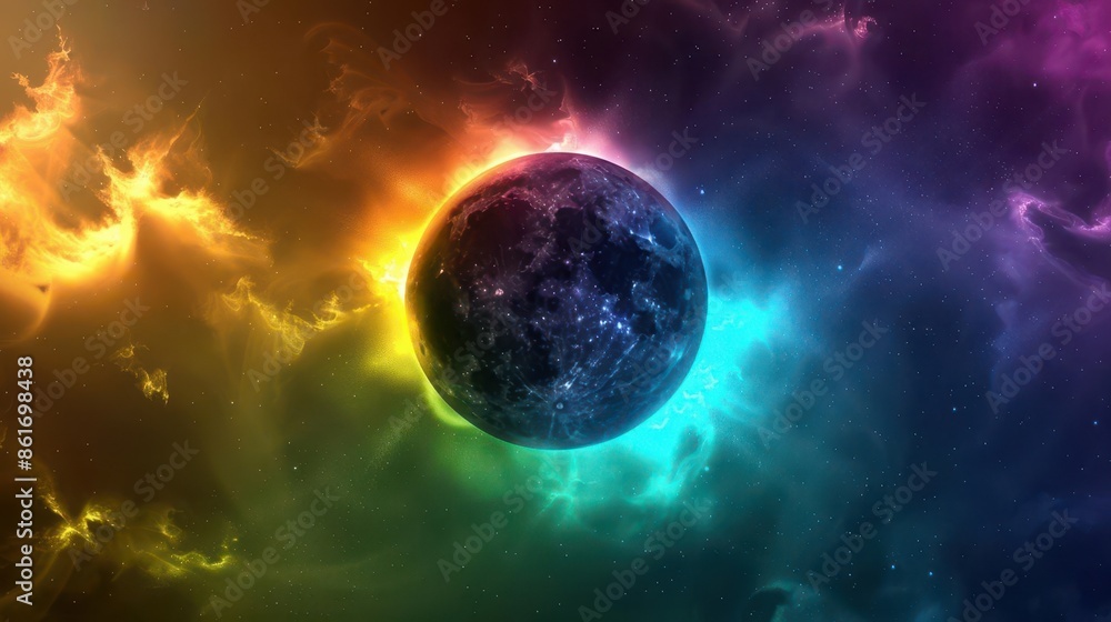 stunning solar eclipse with neon blue yellow green and purple star flares abstract background stunning solar eclipse with neon blue yellow green and purple star flares abstract background
