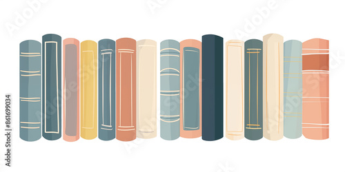 Books in a row, books on shelf, art book icons, library books illustration, flat illustration of row of books