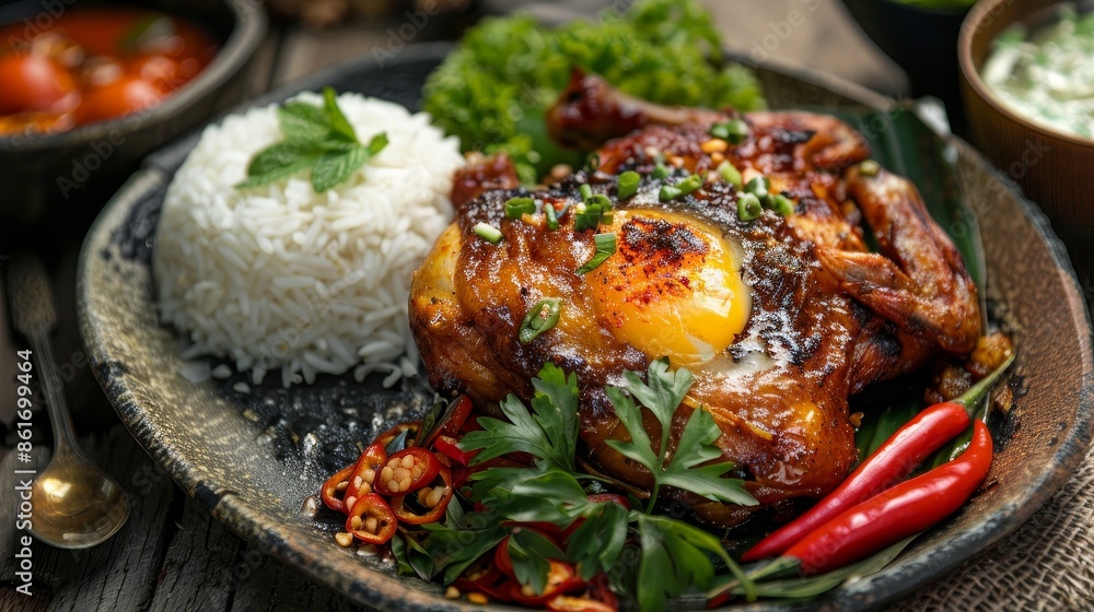 Delicious Indonesian Ayam Goreng Served with Flavorful Coconut Rice Delicious Indonesian Ayam Goreng Served with Flavorful Coconut Rice