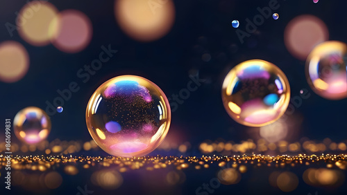 glowing soap bubbles floating in the night. abstract background with shiny lights, sparkles. modern wallpaper for any purpose