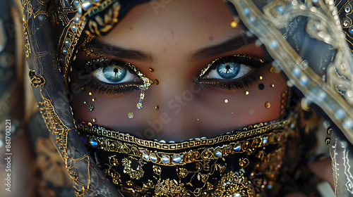 The image depicts a person with striking, piercing blue eyes, accentuated by dark eyeliner and eyeshadow. The lower half of theperson's face is covered by a mask with elaborate gold photo