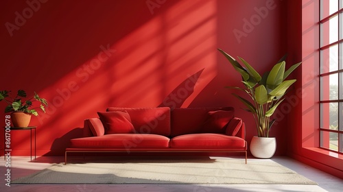 A minimalistic living room in red tones, featuring clean lines and ample space for copy. This image exudes modernity and simplicity, ideal for showcasing a contemporary lifestyle.