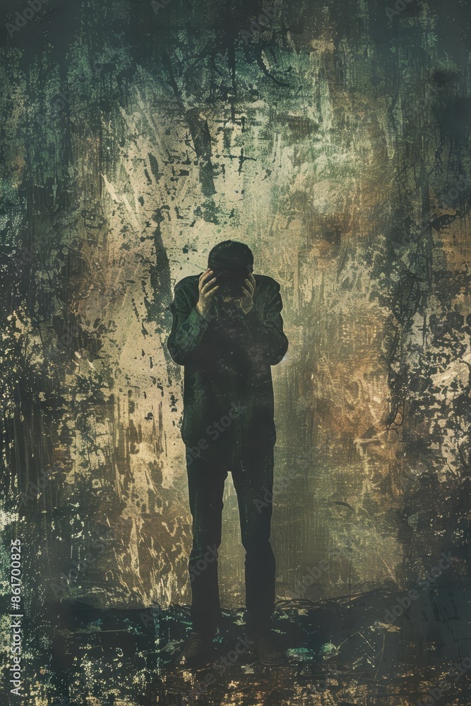 Fototapeta premium A man is standing in a dark room with a sad expression on his face. The room is covered in graffiti and the walls are dirty. Scene is somber and melancholic