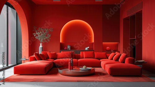 A stylish living room in shades of red, featuring minimalist furniture and decor that create a clean and contemporary look. This image is perfect for projects requiring a modern and sophisticated