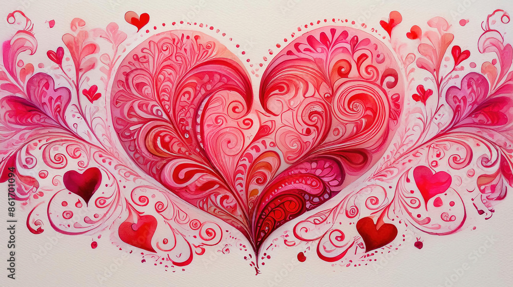 Paisley Style Heart illustraiton, Valentine's Day Red and Pink Watercolor Painting, Graphic Resource Background Paisley Style Heart illustraiton, Valentine's Day Red and Pink Watercolor Painting, Graphic Resource Background