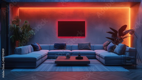 A sleek and contemporary living room with neon accents, creating a minimalist and sophisticated atmosphere. The photo offers ample copy space, perfect for adding custom messages or branding.