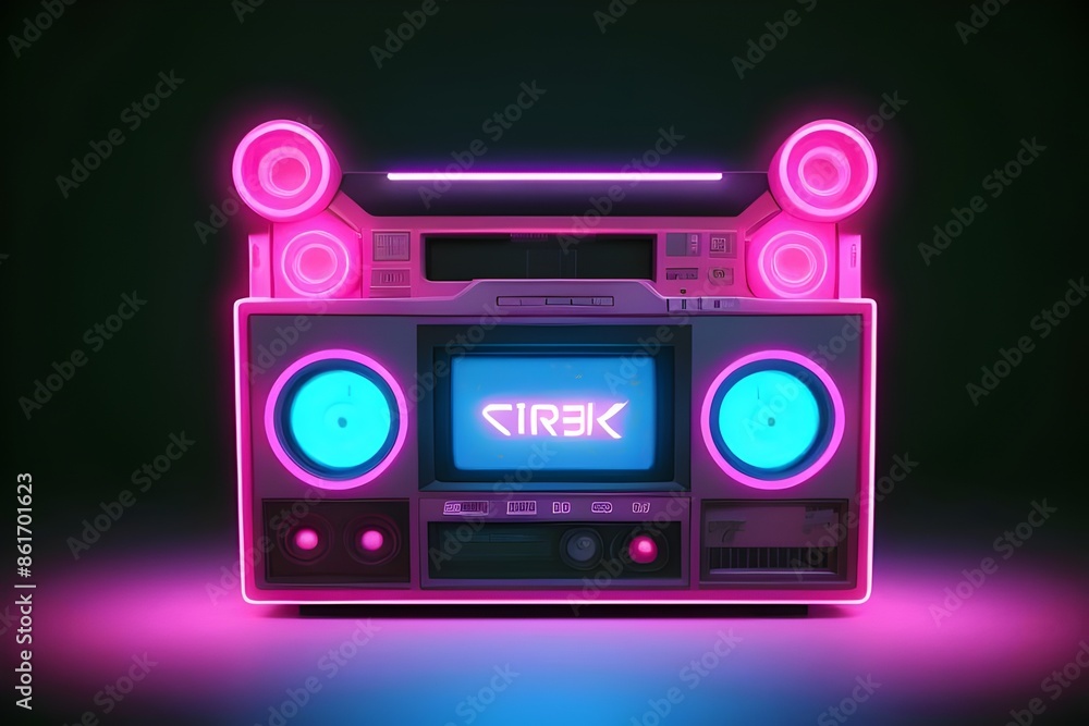 Fototapeta premium a stylized unbranded pink glowing neon ghetto blaster, radio, cyberpunk, Futuristic, Retro, Urban, Vivid, Electric, Vibrant, Illuminated, Tech, Music, Sound, Speaker, Graphic, Design, Art, Sci-fi