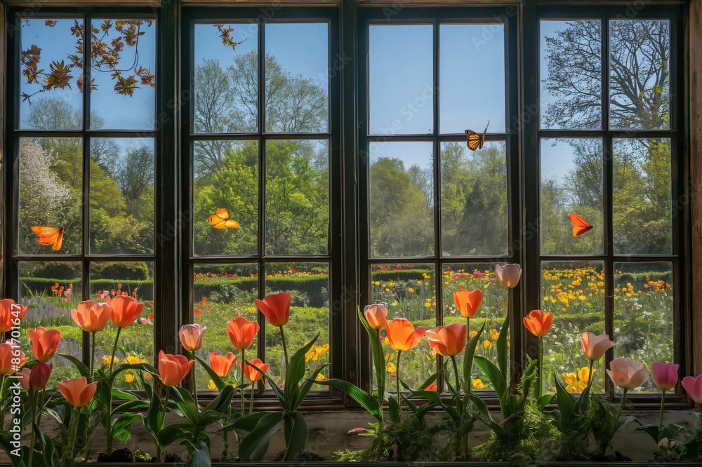 Butterflies are flying through an open window overlooking a beautiful garden full of blooming tulips in the springtime Butterflies are flying through an open window overlooking a beautiful garden full of blooming tulips in the springtime