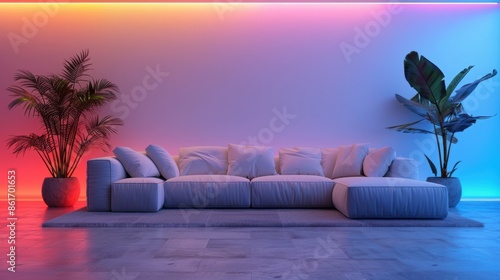 A minimalist living room with neon lighting, providing a trendy and stylish setting. The image offers ample copy space, perfect for adding custom messages or branding elements.