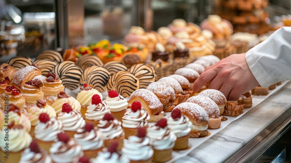 A tempting display of assorted pastries and desserts lined up in a bakery, with a hand reaching for a sweet treat. A tempting display of assorted pastries and desserts lined up in a bakery, with a hand reaching for a sweet treat.