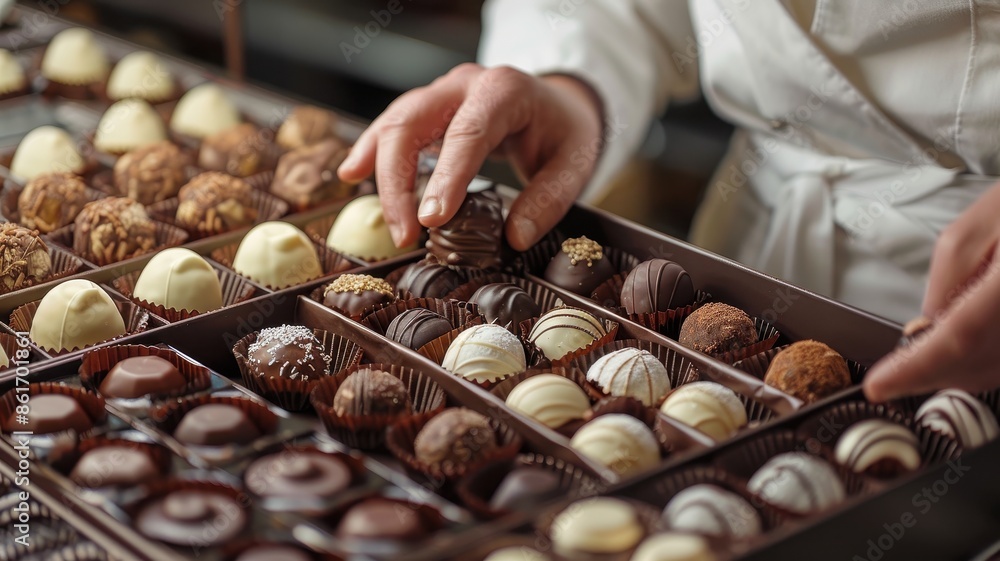 A person in a white apron organizing assorted gourmet chocolates in a display box at a confectionery shop. A person in a white apron organizing assorted gourmet chocolates in a display box at a confectionery shop.