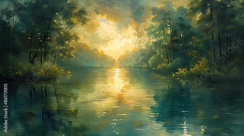 Oil painting of a tranquil lake surrounded by lush greenery, with the first light of dawn casting a gentle glow over the water. © LuvTK