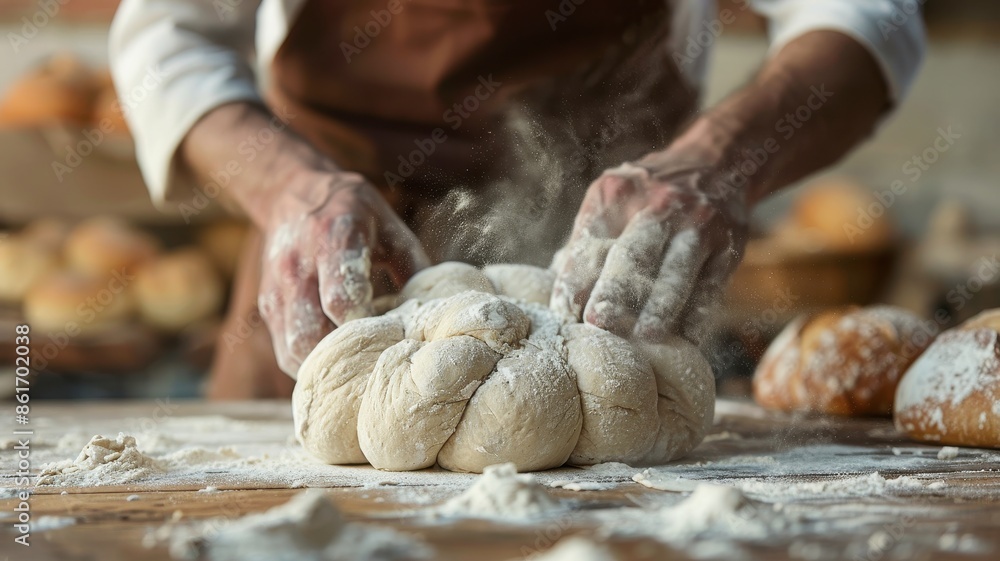 Baker's hands kneading dough on a floured surface in a rustic kitchen, preparing homemade bread for baking.
