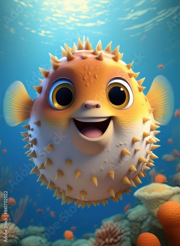 3D cute puffer fish underwater, smile