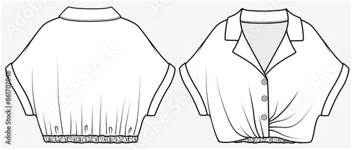 DOLMAN SLEEVES CROP TOP WITH RESORT COLLAR AND PLEATED WAIST DETAIL DESIGN FOR WOMEN TEEN GIRLS AND KID GIRLS IN VECTOR FILE