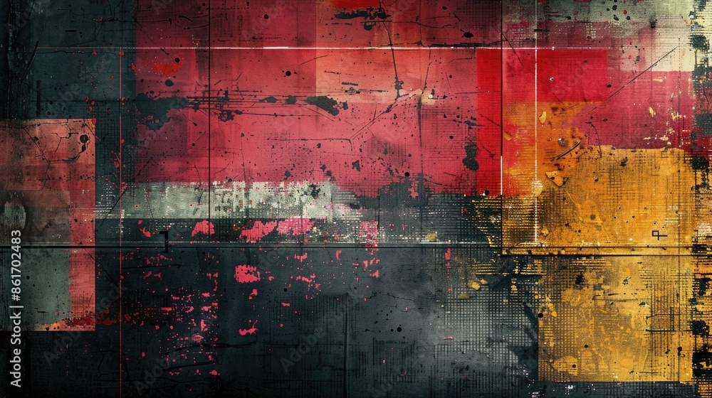 Fototapeta premium Abstract grunge background with red, yellow, and black paint splatters.