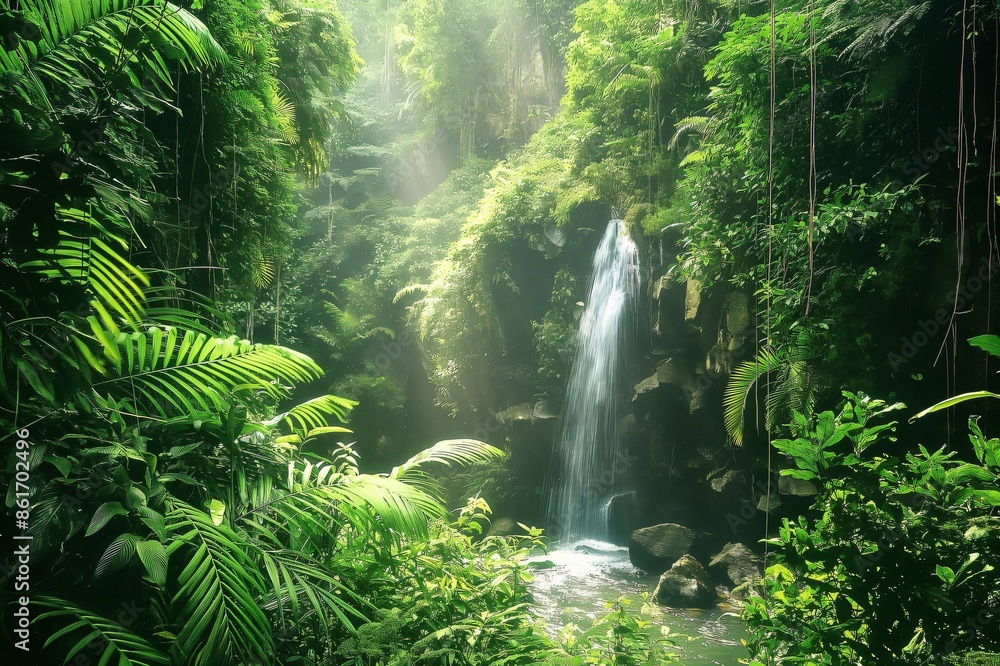 Fototapeta premium Sunbeams shining through the canopy of a tropical rainforest illuminating a waterfall flowing over mossy rocks