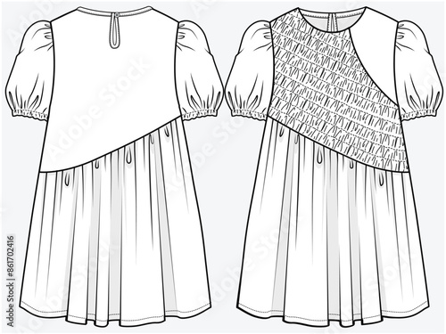 PUFF SLEEVES ASYMMETRIC DRESS WITH ASYMMETRIC SMOCKING PANEL DETAIL DESIGNED FOR TEEN GIRLS AND KID GIRLS IN VECTOR FILE