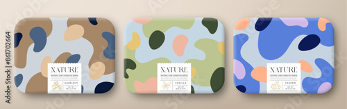 Fruit Bath Cosmetics Package Boxes Set. Vector Wrapped Paper Containers with Care Label Design. Modern Typography and Hand Drawn Nuts, Vanilla. Abstract Camo Background Pattern Layout Isolated