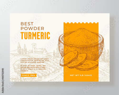 Turmeric Plant Powder Curry Food Label Template. Abstract Vector Packaging Design Layout. Modern Typography Banner with Hand Drawn Curcuma Spice and Rural Landscape Background. Isolated