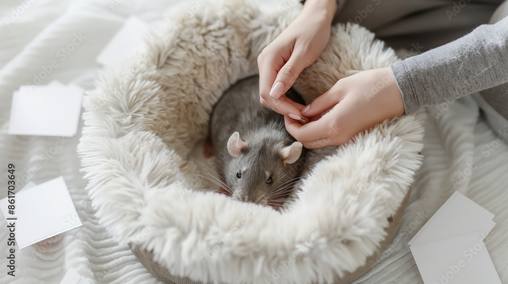 Close-up image of hands gently caressing a relaxed rat in a cozy, fluffy pet bed, highlighting bond, comfort, and care in a serene, intimate setting. Close-up image of hands gently caressing a relaxed rat in a cozy, fluffy pet bed, highlighting bond, comfort, and care in a serene, intimate setting.