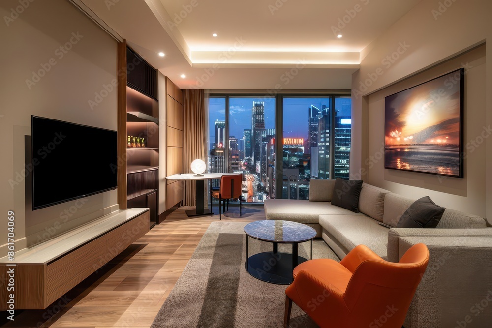 luxurious hotel suite with panoramic views of a bustling cityscape sleek modern furnishings and warm lighting create an inviting atmosphere of upscale comfort and urban sophistication luxurious hotel suite with panoramic views of a bustling cityscape sleek modern furnishings and warm lighting create an inviting atmosphere of upscale comfort and urban sophistication